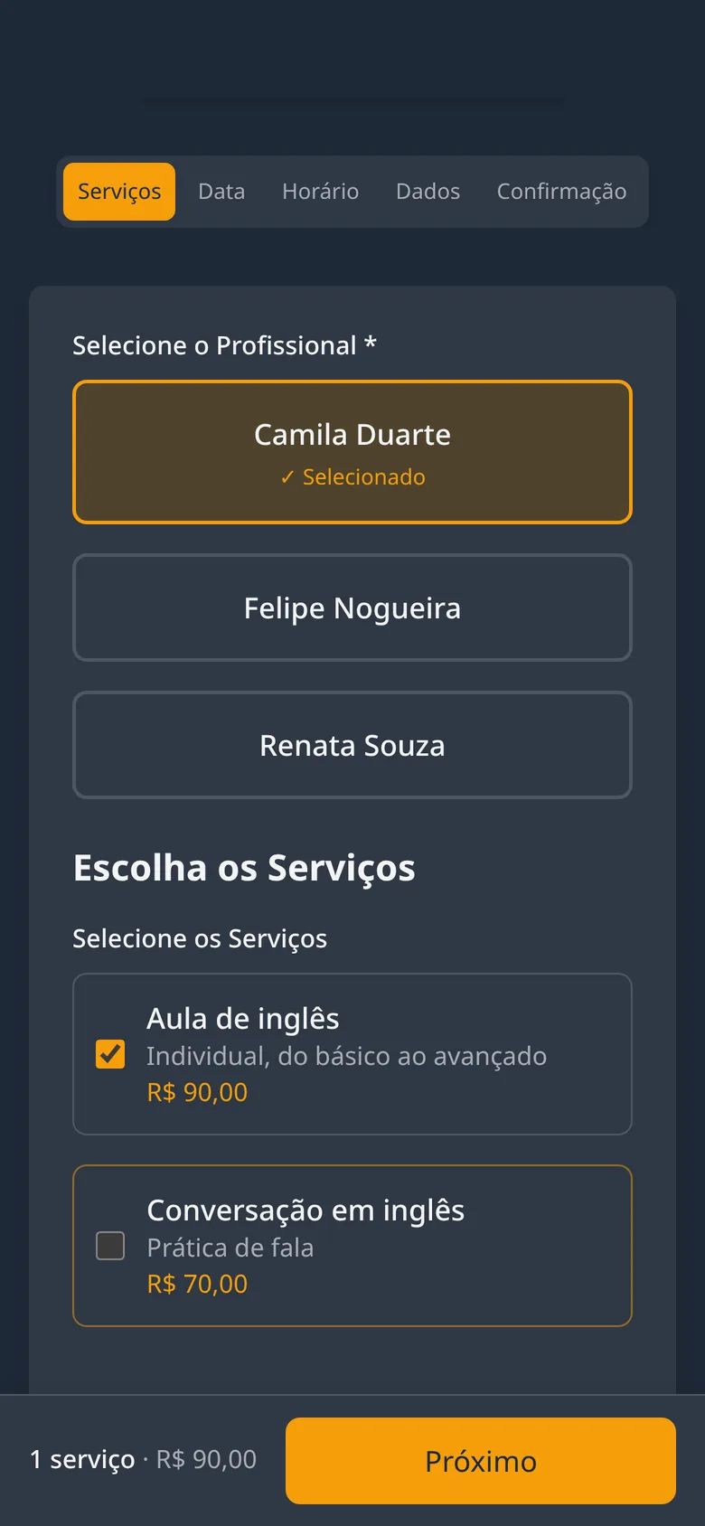 Tela de agendamento: escolha da professora e da aula