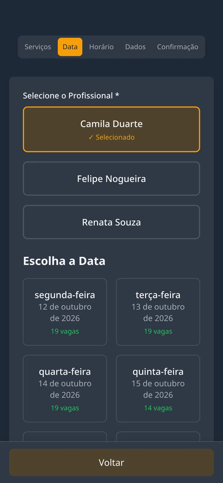 Tela de agendamento: escolha do dia