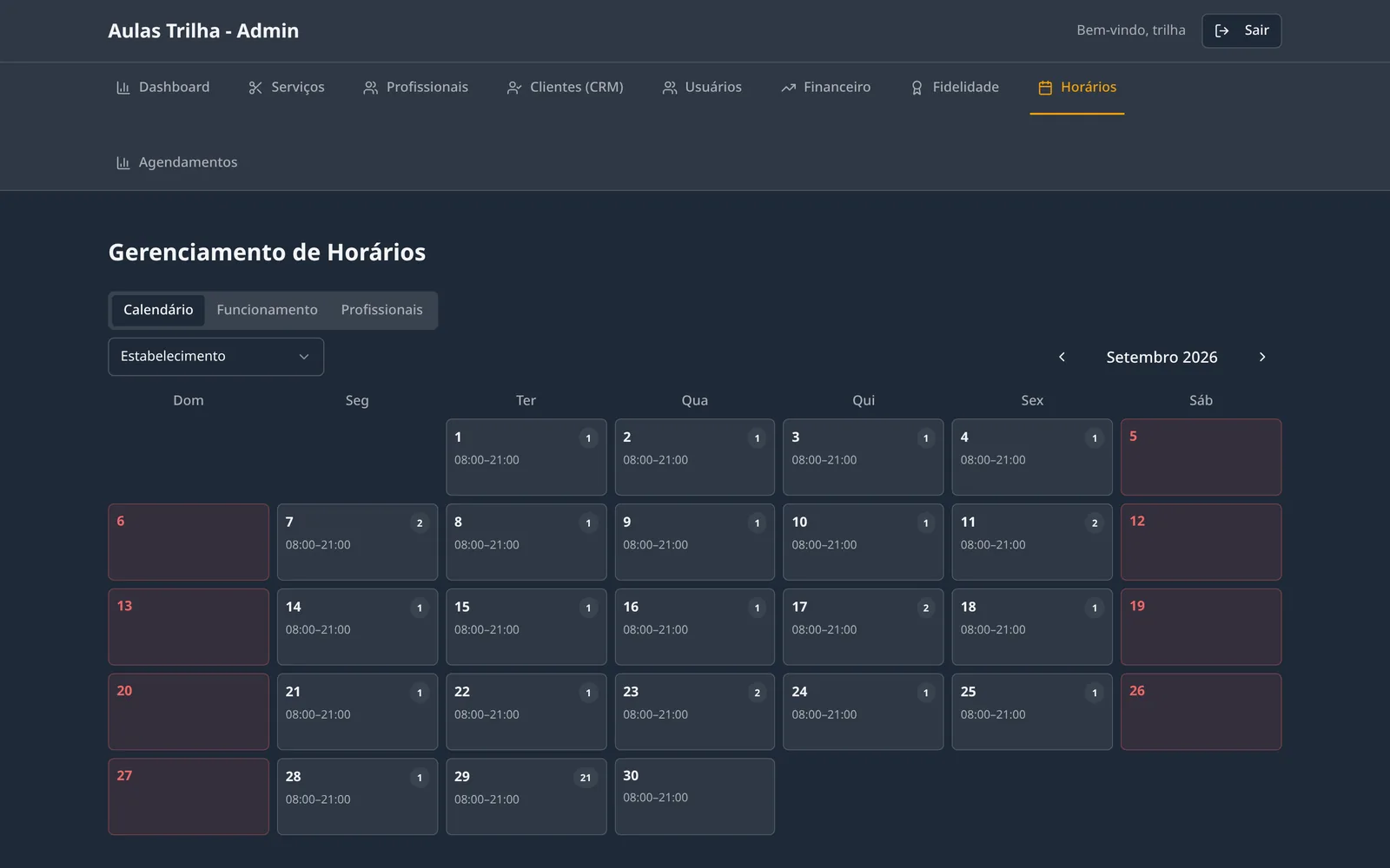 Calendário com horário de funcionamento
