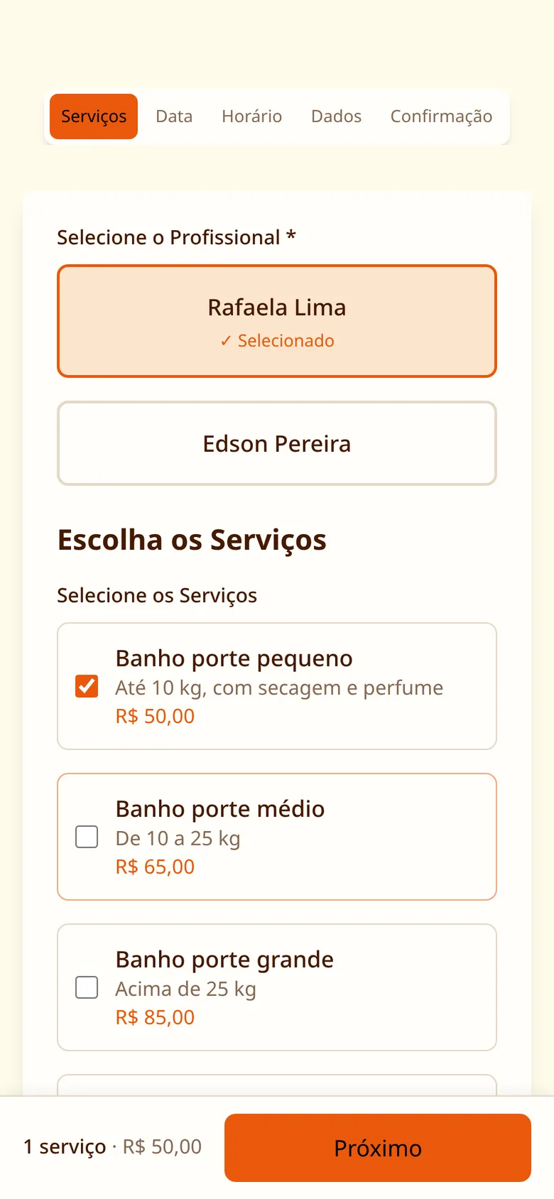 Tela de agendamento: escolha do profissional e do banho por porte