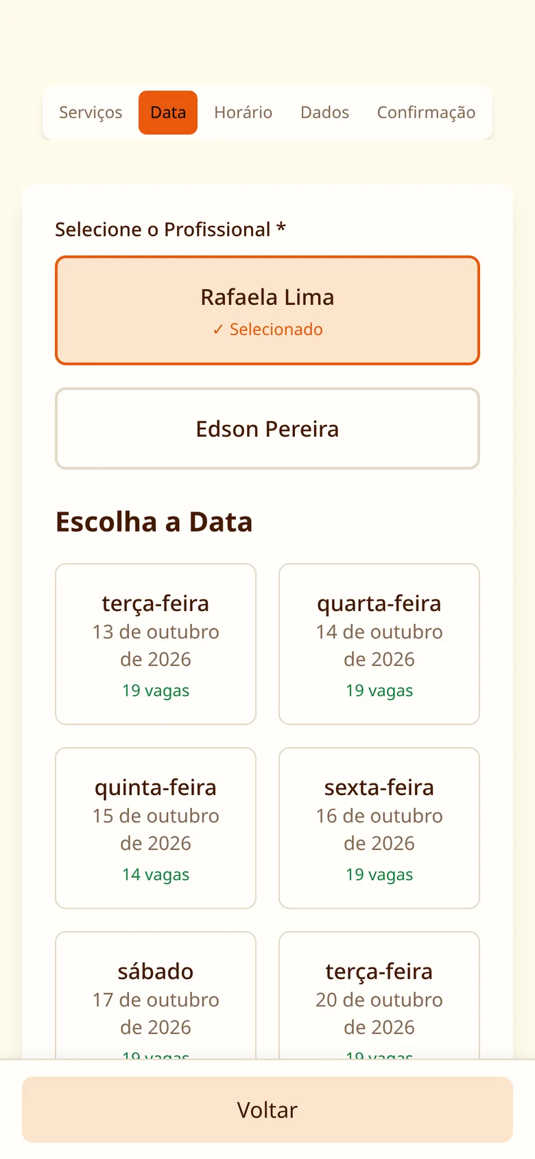 Tela de agendamento: escolha do dia