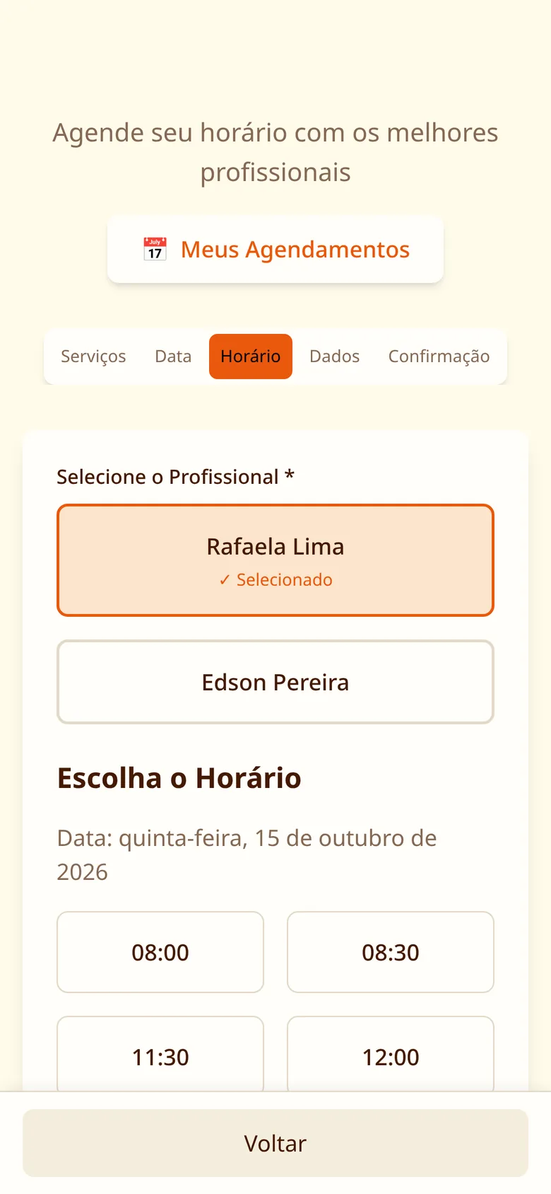 Tela de agendamento: horários livres