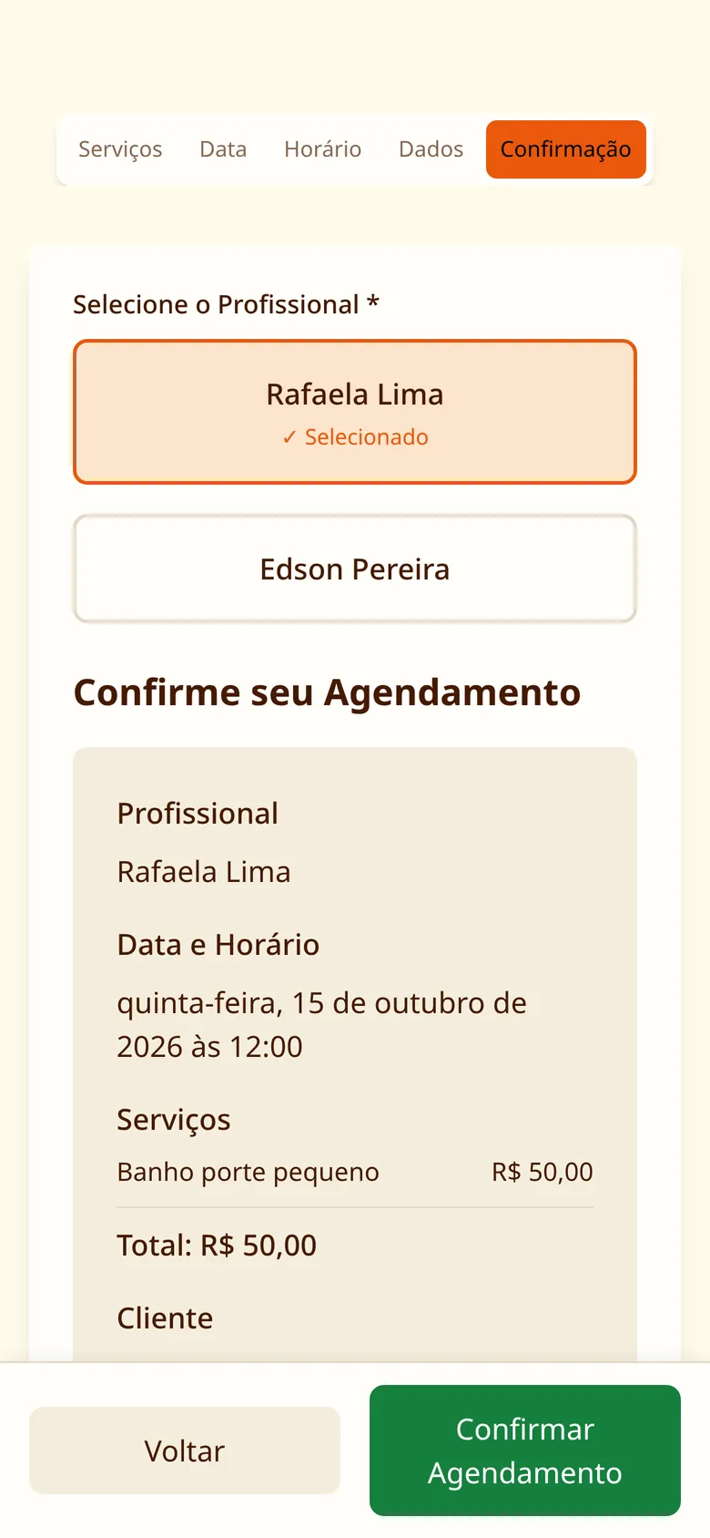Tela de agendamento: confirmação