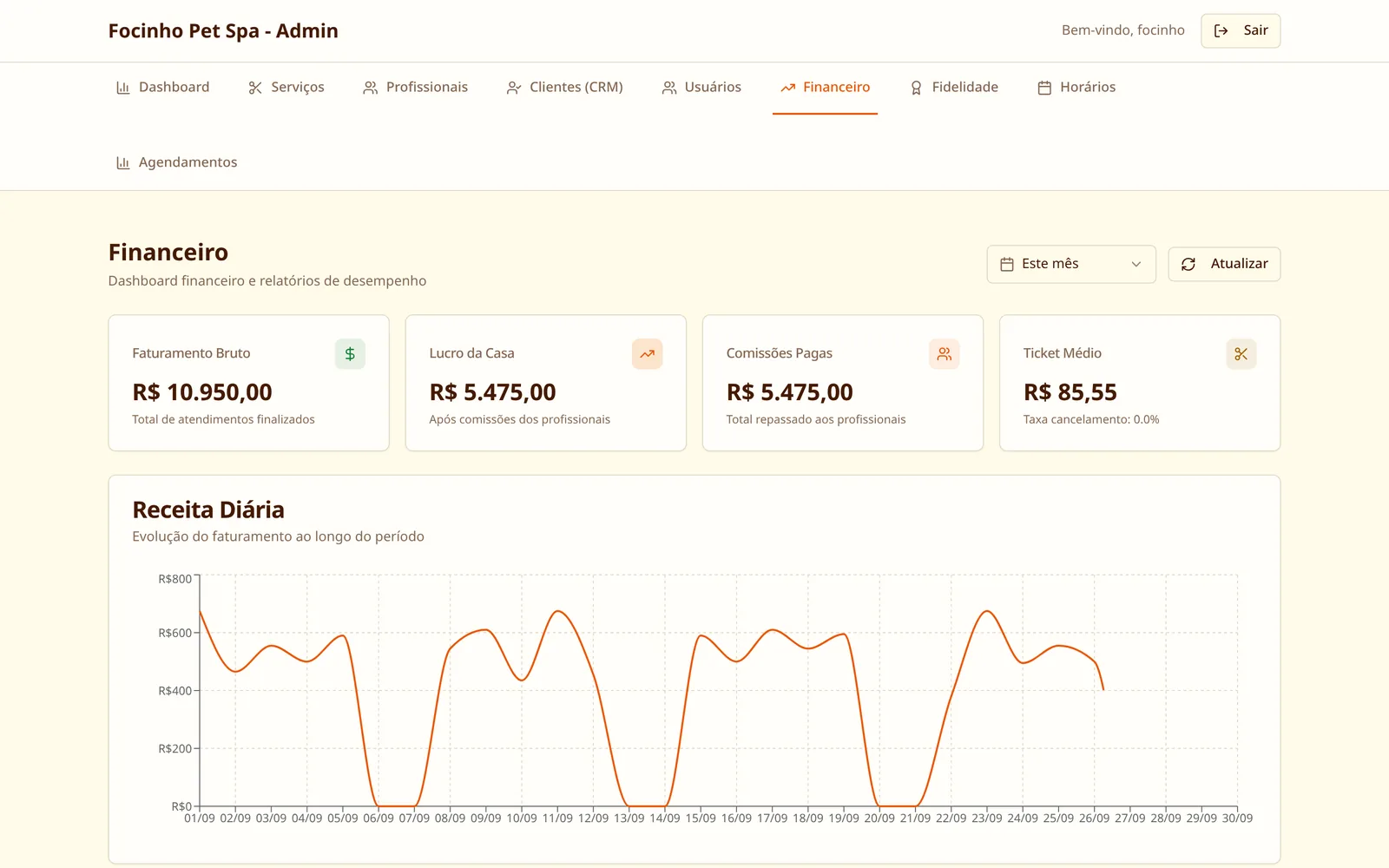 Financeiro com faturamento, comissões e receita diária