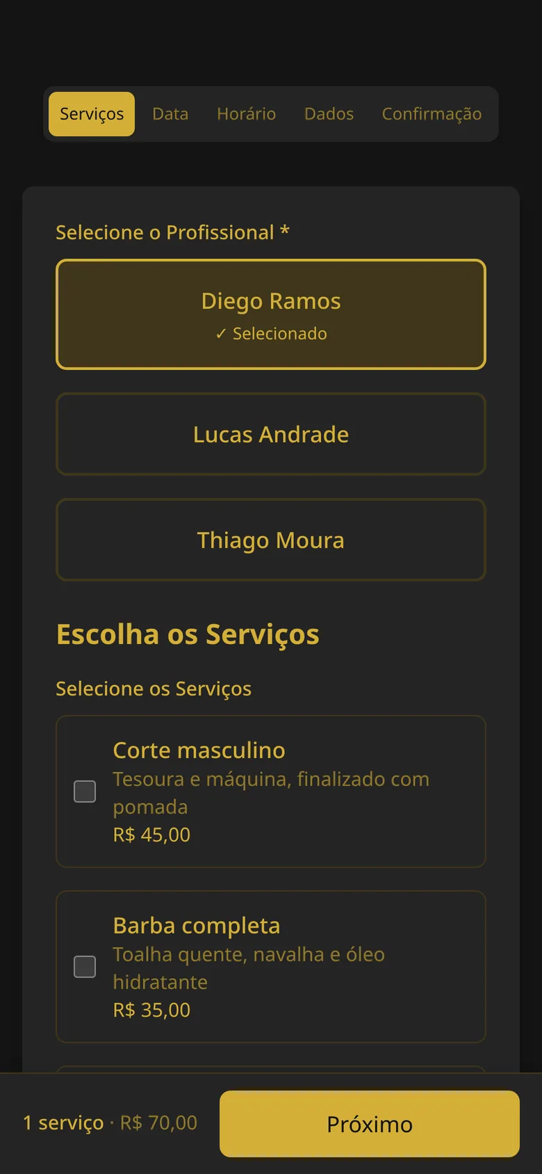 Tela de agendamento: escolha do barbeiro e dos serviços