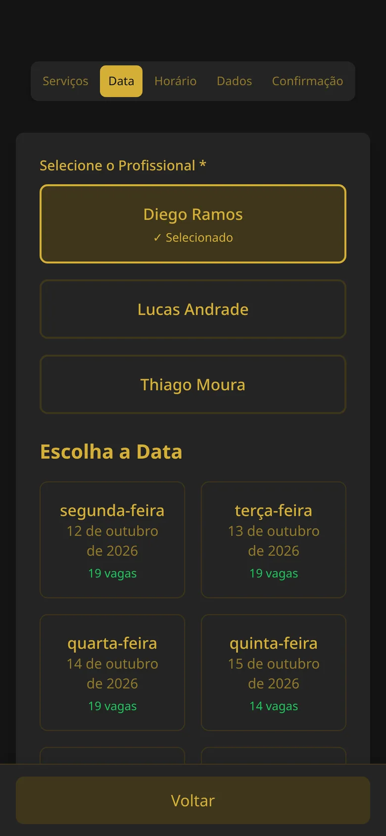 Tela de agendamento: escolha do dia