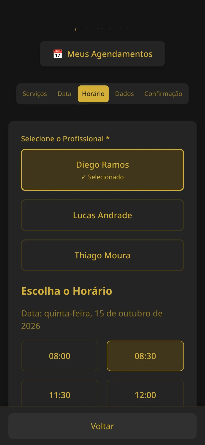 Tela de agendamento: horários livres