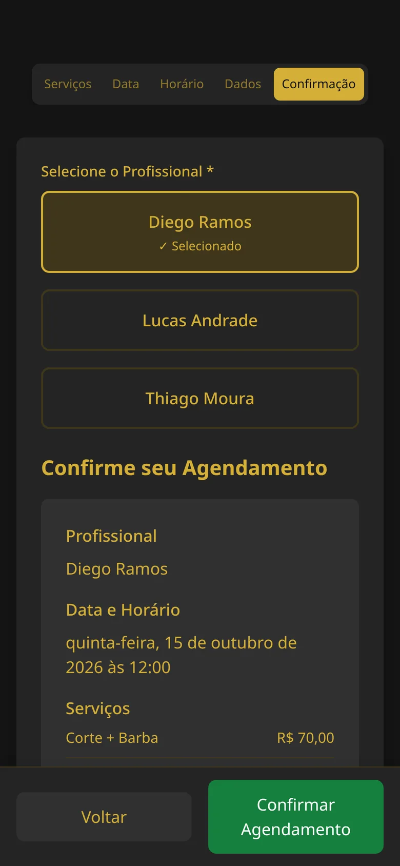 Tela de agendamento: confirmação