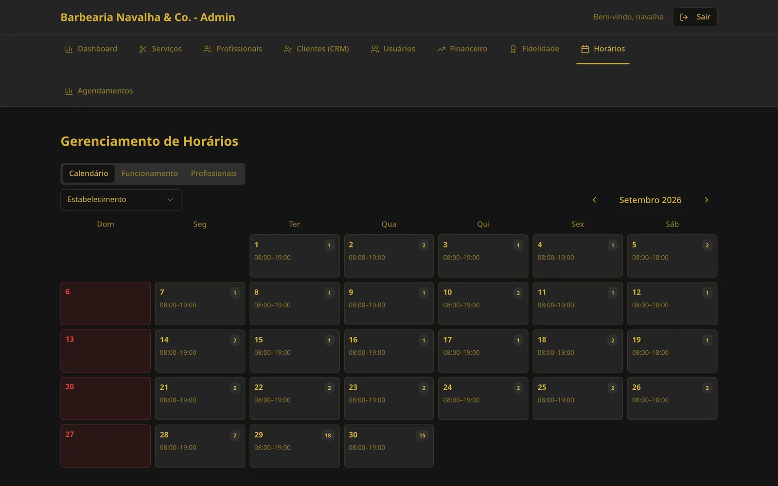 Calendário com horário de funcionamento