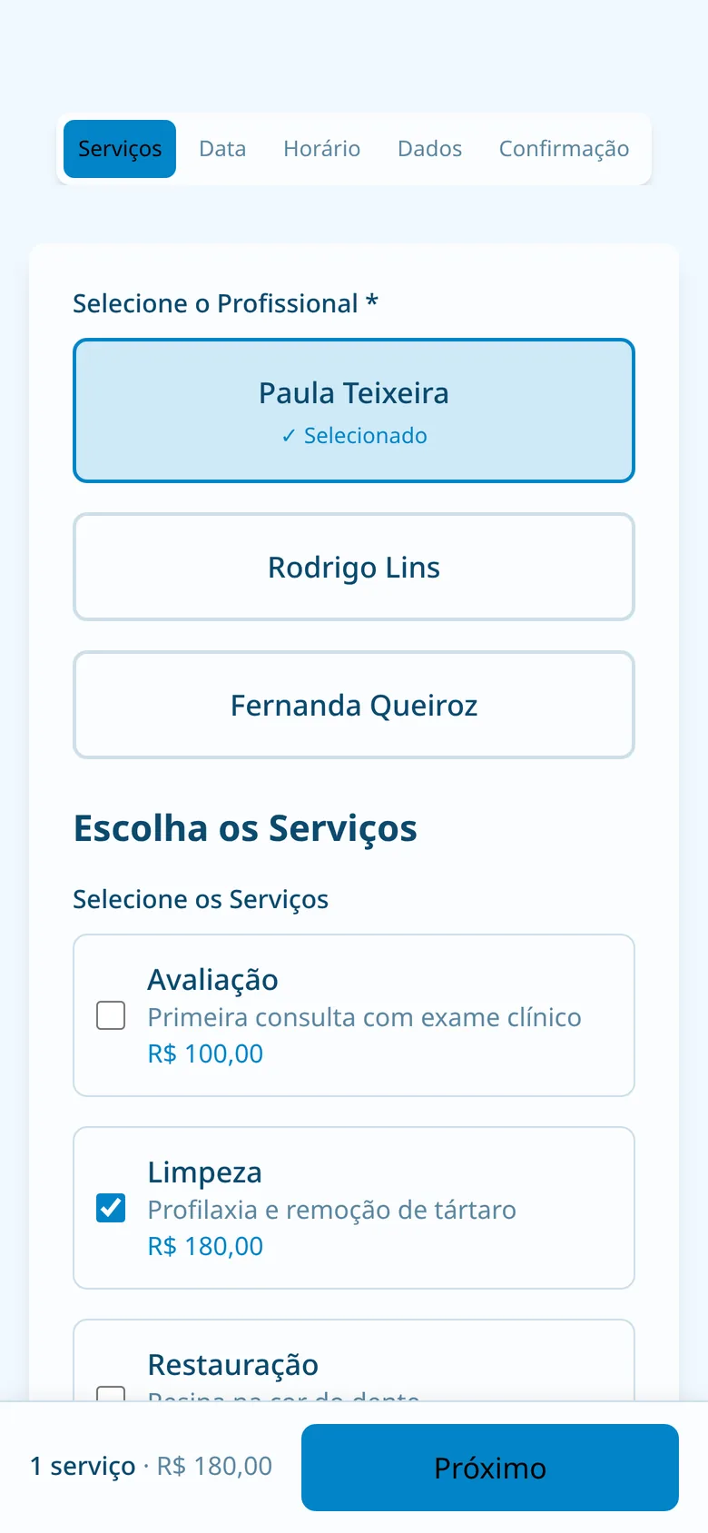 Tela de agendamento: escolha do dentista e do atendimento
