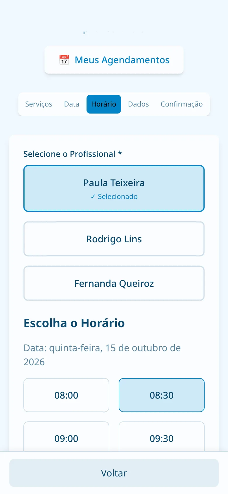 Tela de agendamento: horários livres