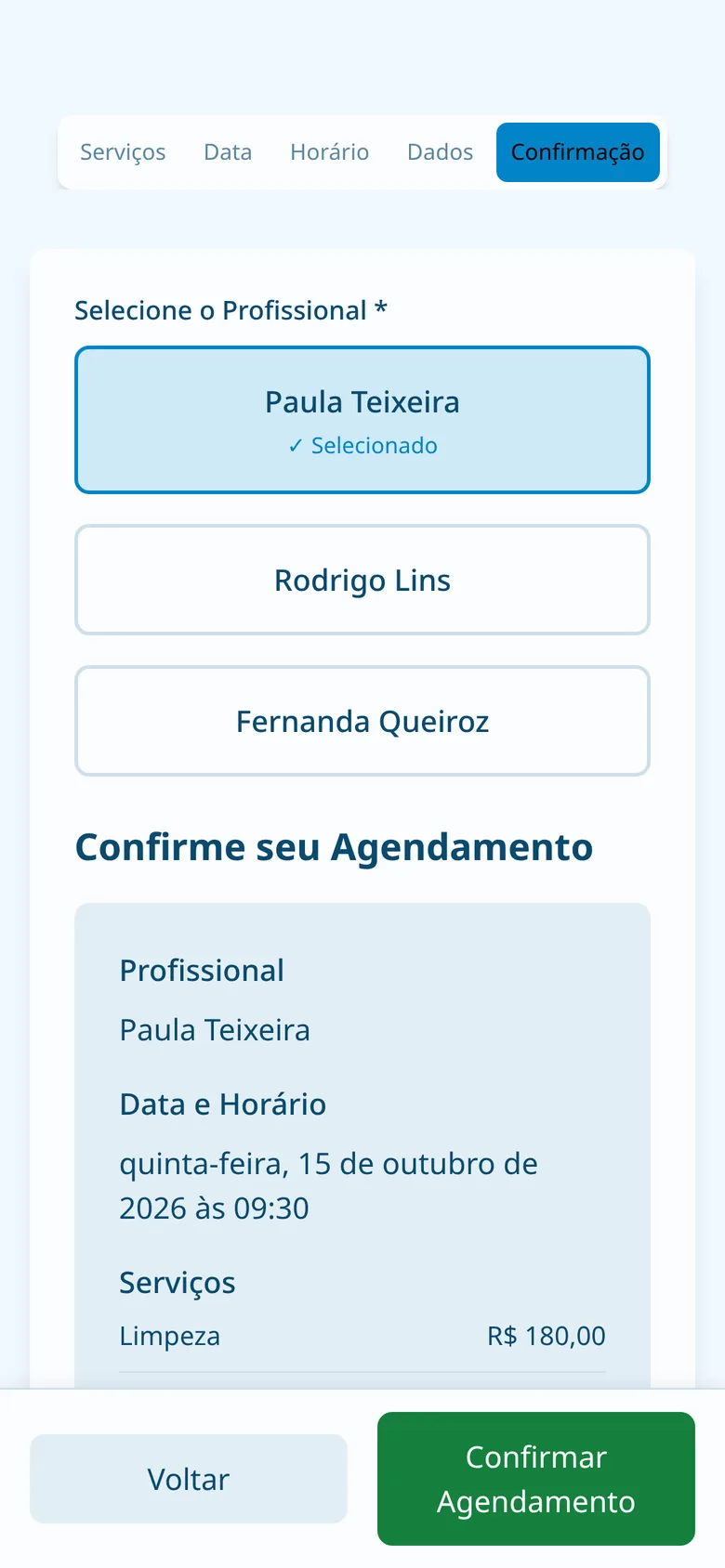 Tela de agendamento: confirmação