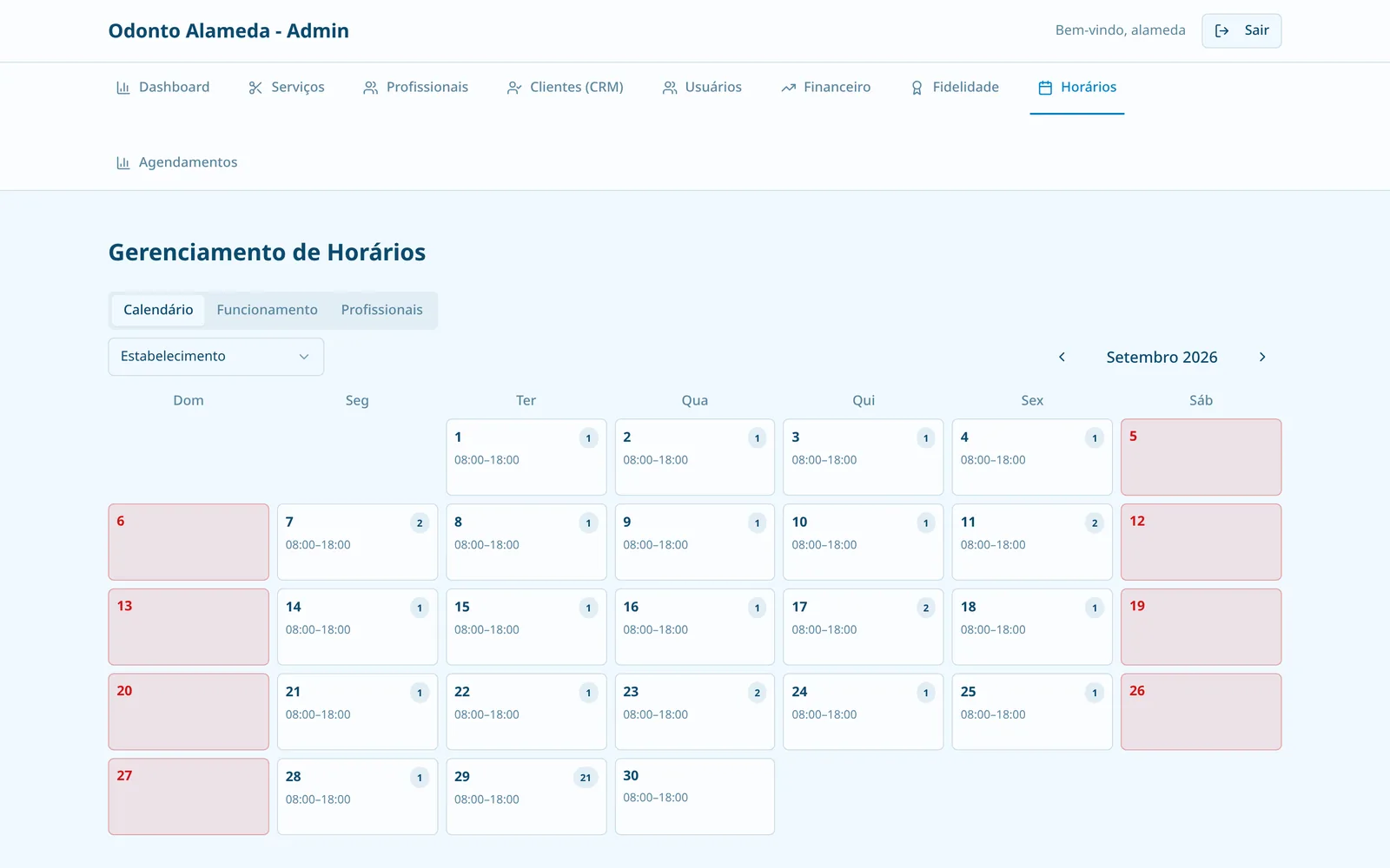 Calendário com horário de funcionamento