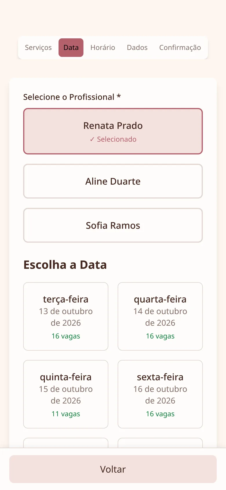 Tela de agendamento: escolha do dia