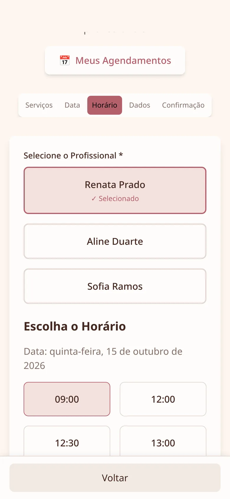 Tela de agendamento: horários livres