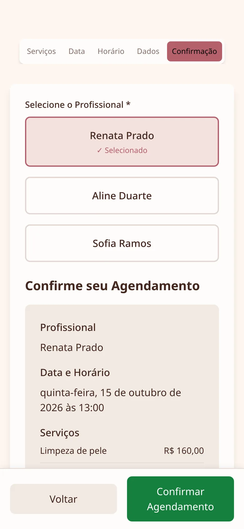 Tela de agendamento: confirmação