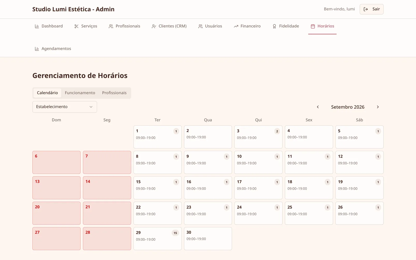 Calendário com horário de funcionamento