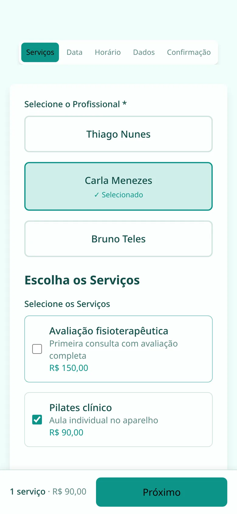 Tela de agendamento: escolha do fisioterapeuta e da sessão