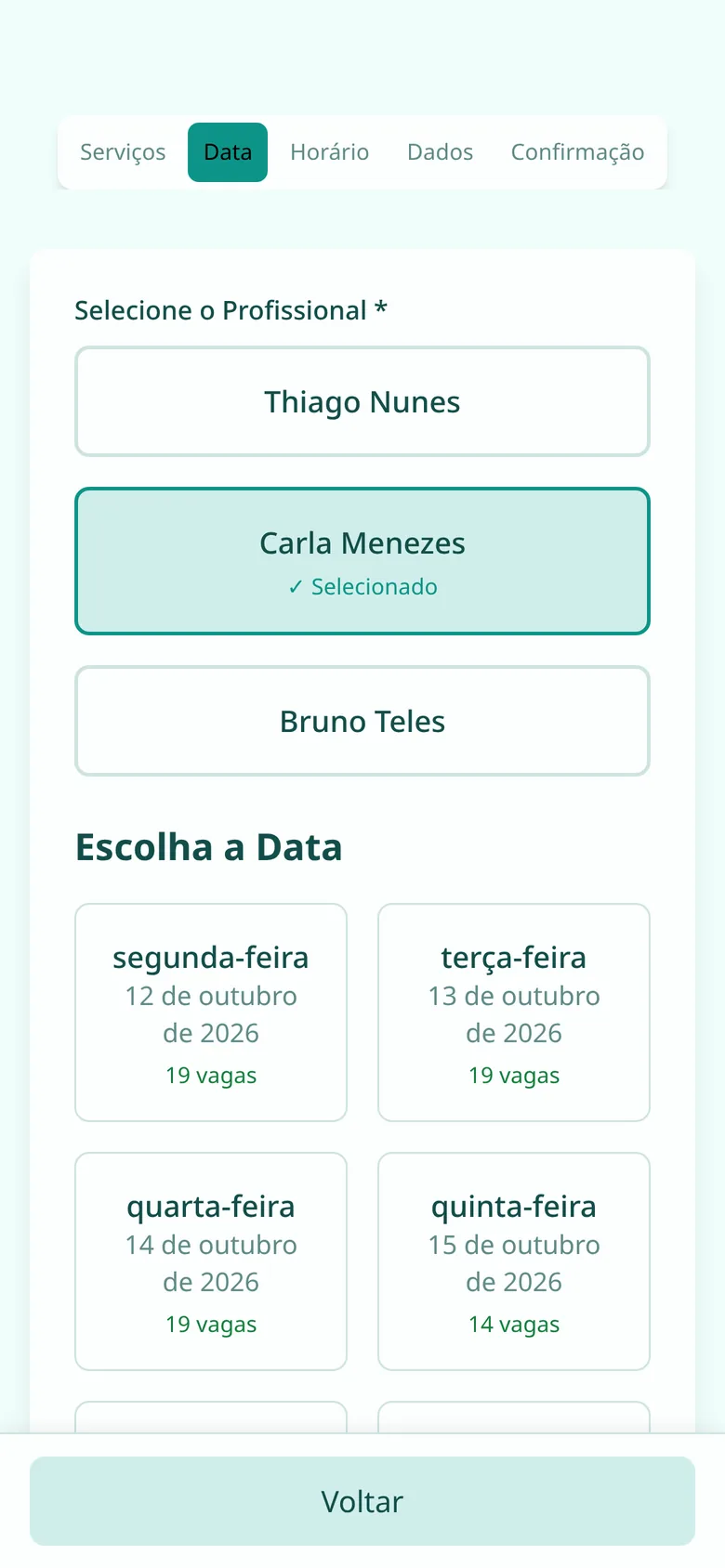 Tela de agendamento: escolha do dia