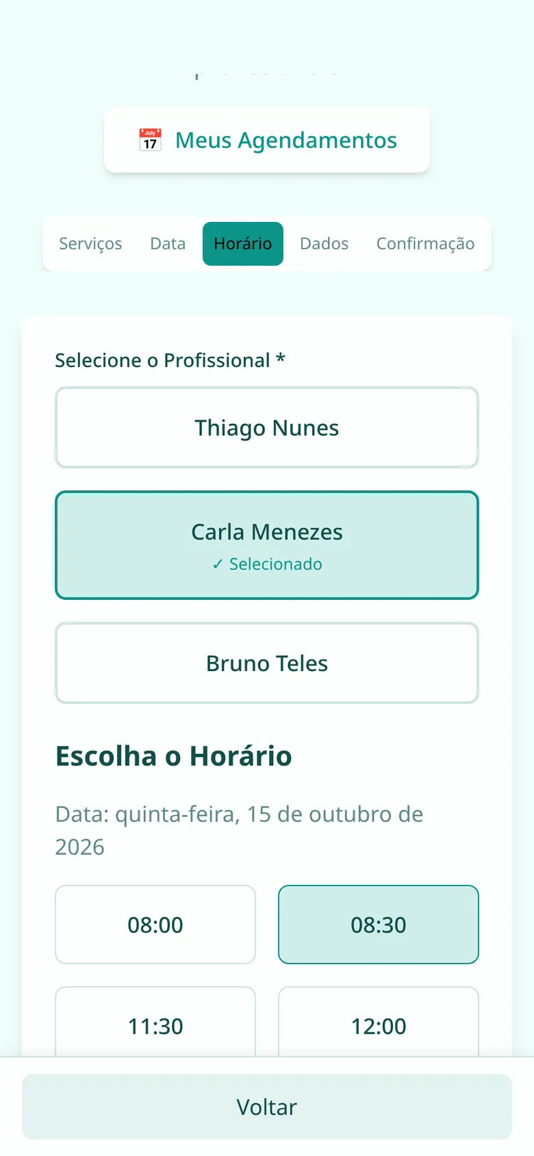 Tela de agendamento: horários livres