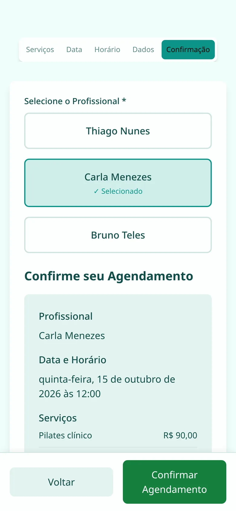 Tela de agendamento: confirmação
