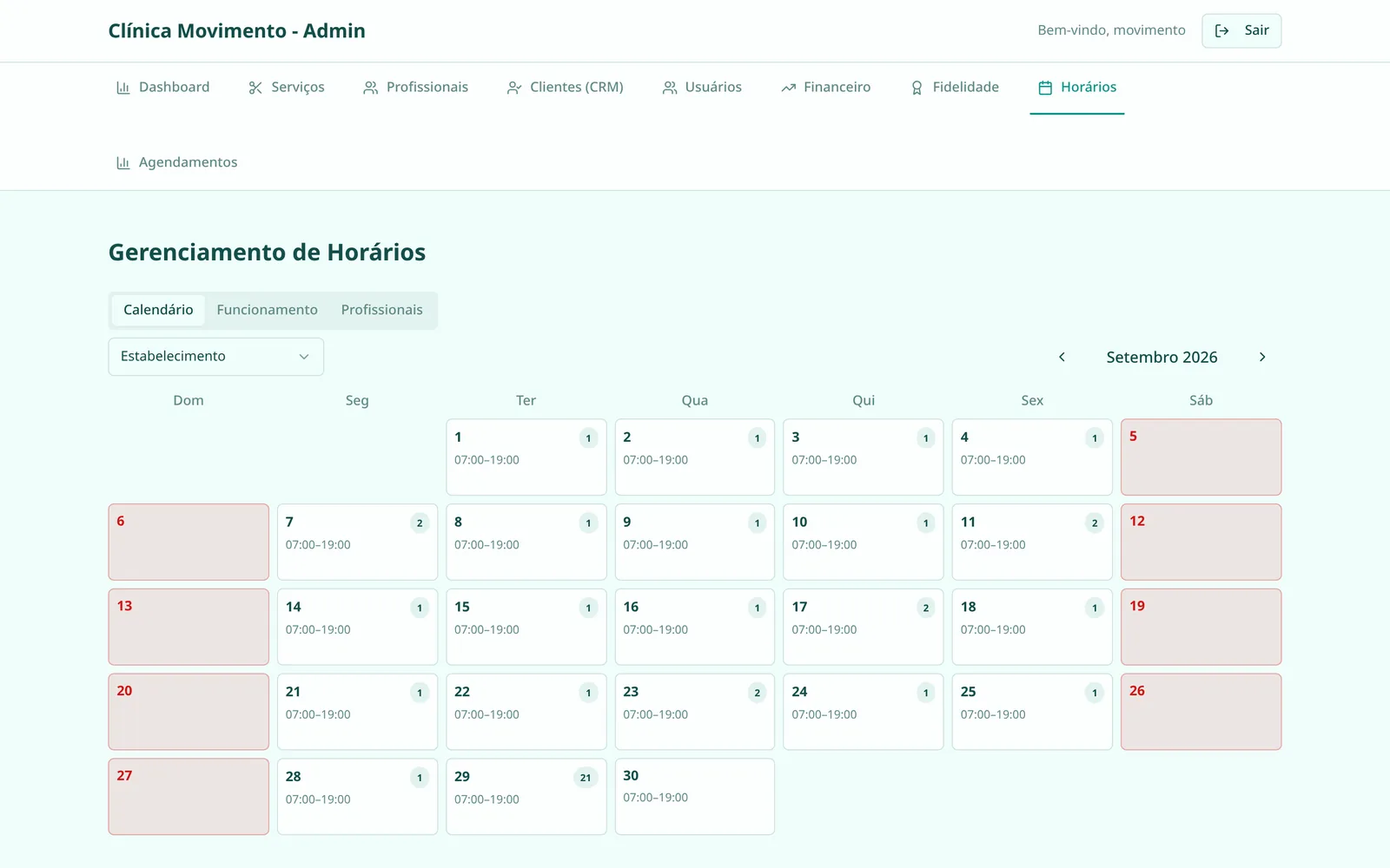 Calendário com horário de funcionamento