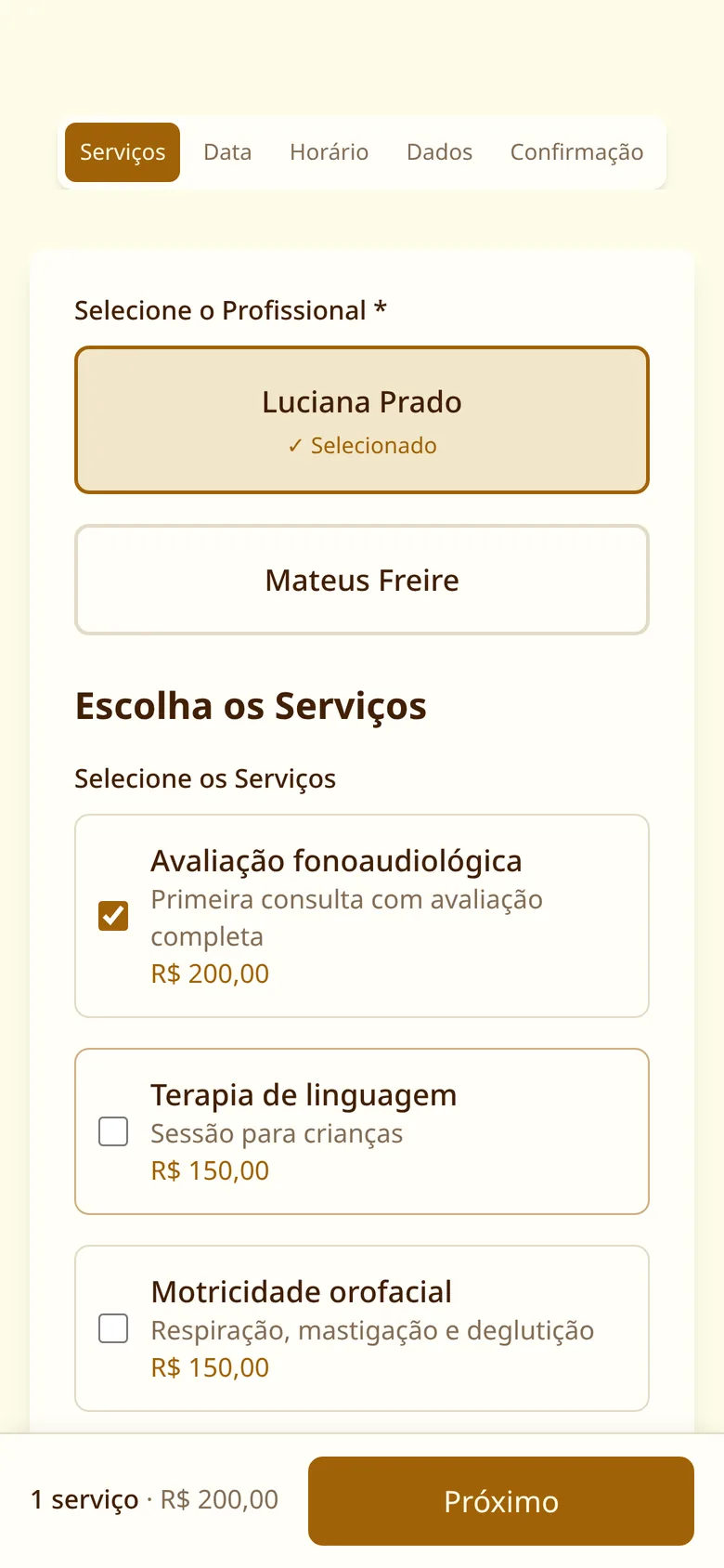 Tela de agendamento: escolha da fonoaudióloga e da sessão
