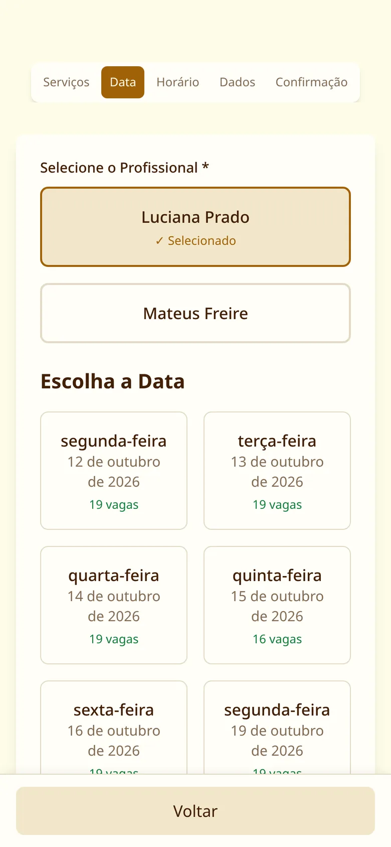 Tela de agendamento: escolha do dia