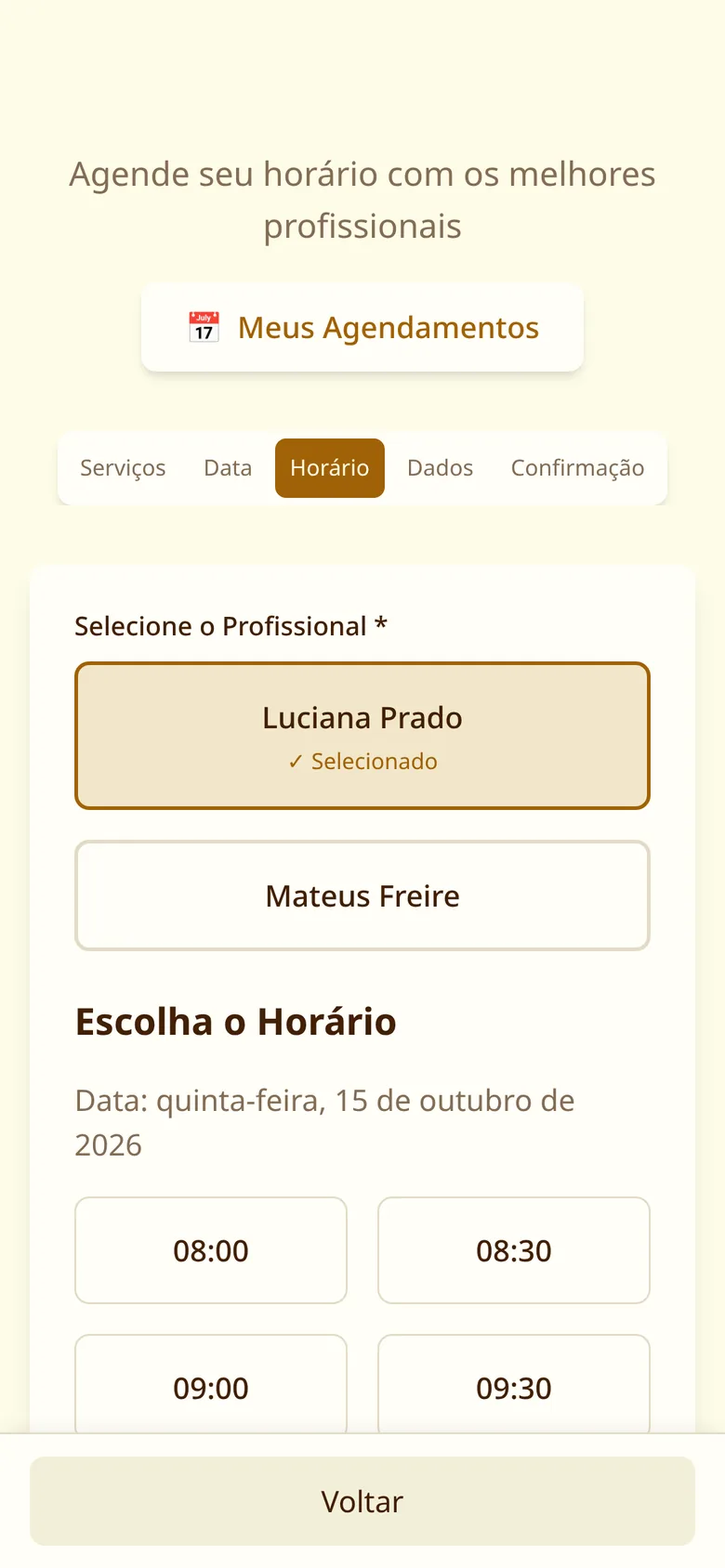 Tela de agendamento: horários livres