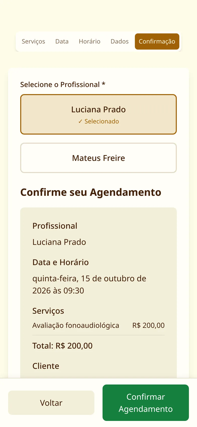 Tela de agendamento: confirmação