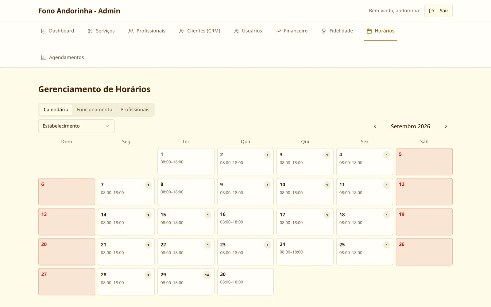 Calendário com horário de funcionamento