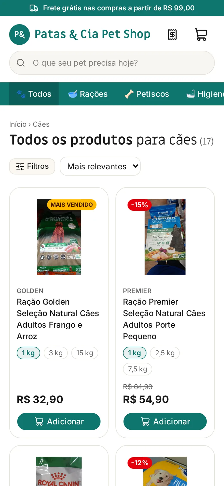 Lista de produtos com tamanhos e preços
