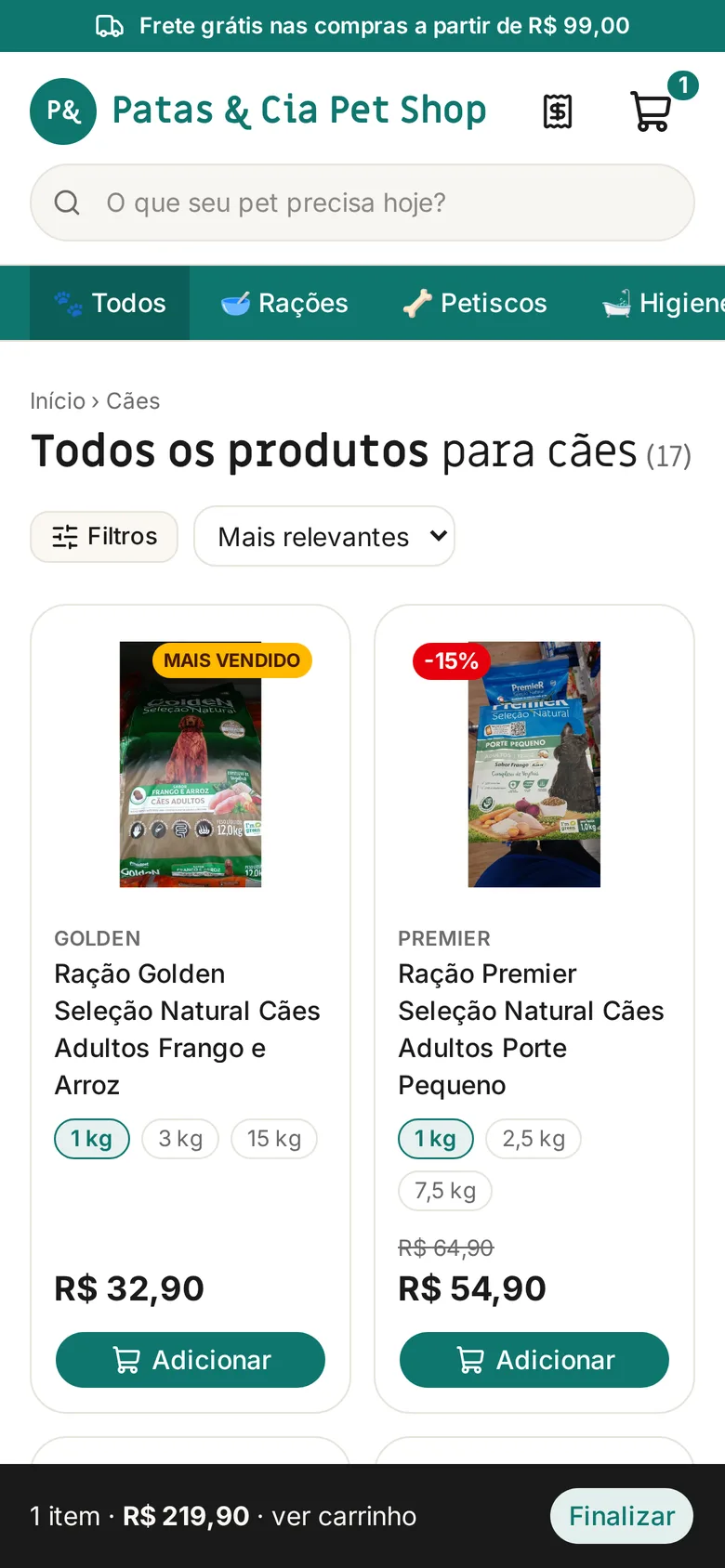 Carrinho sempre visível na parte de baixo da tela
