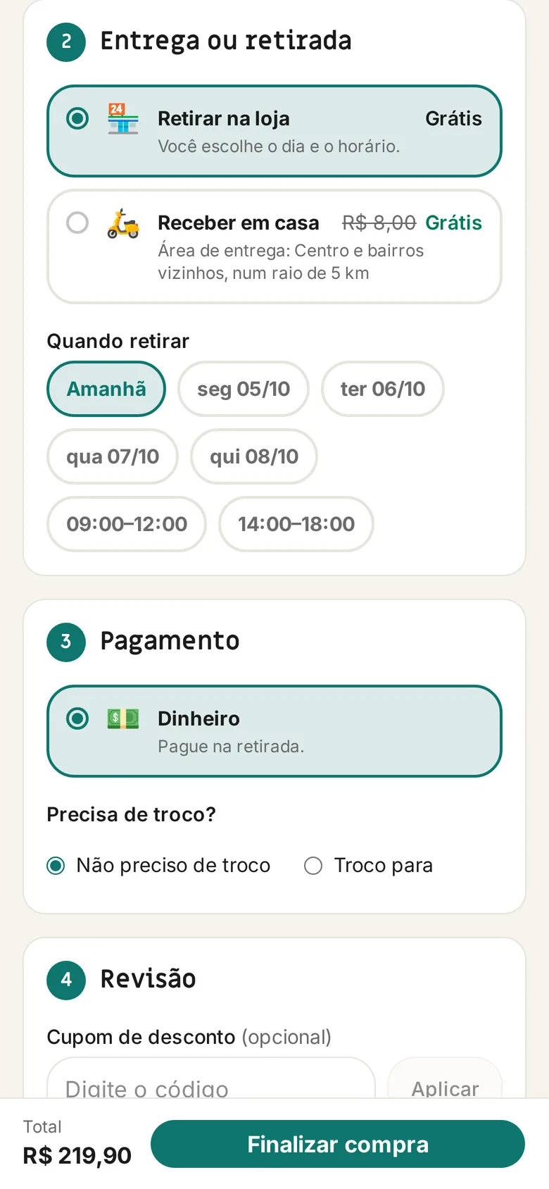 Checkout com retirada na loja ou entrega e escolha do horário