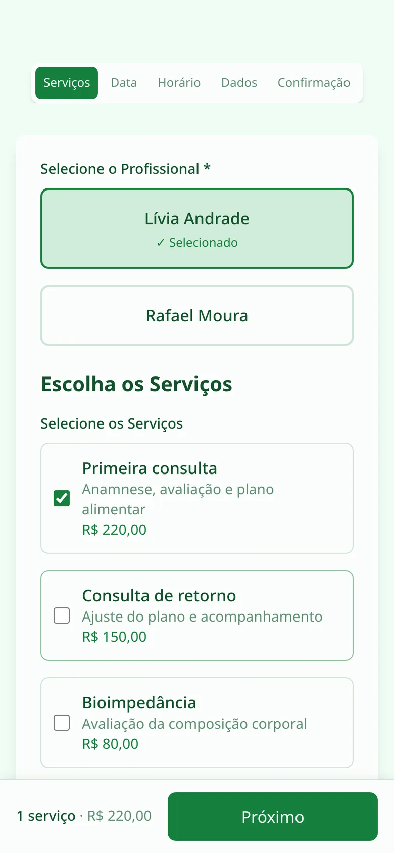 Tela de agendamento: escolha da nutricionista e da consulta