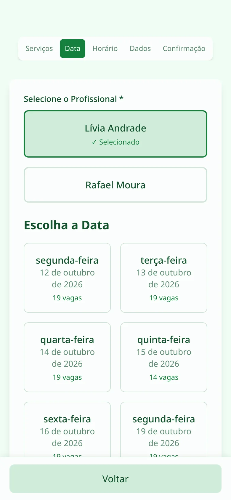 Tela de agendamento: escolha do dia