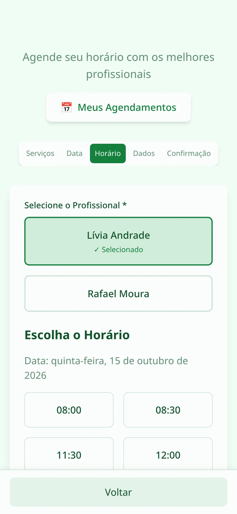 Tela de agendamento: horários livres