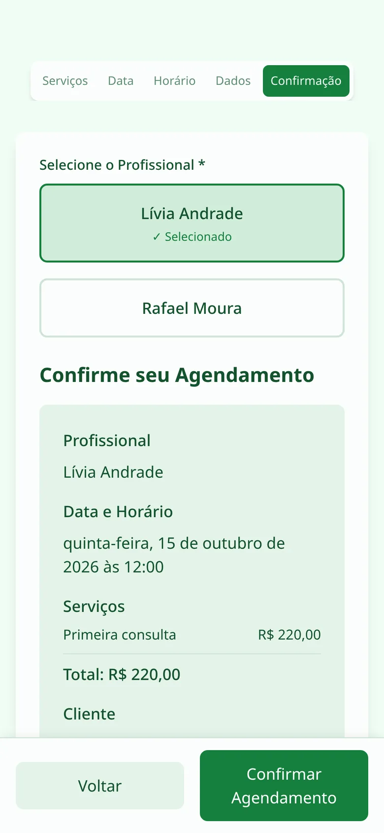Tela de agendamento: confirmação