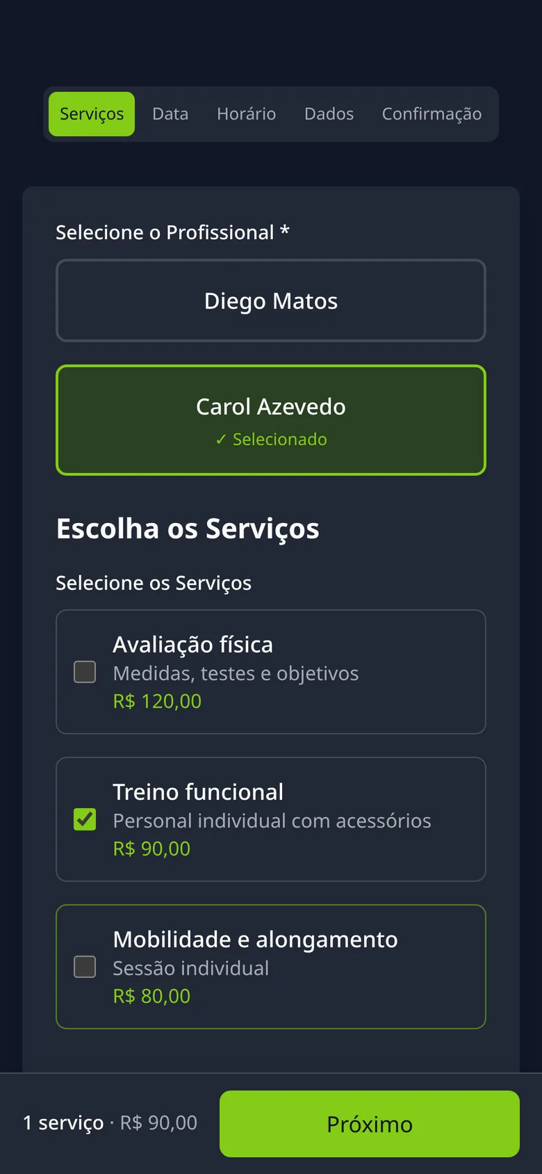 Tela de agendamento: escolha do personal e do treino