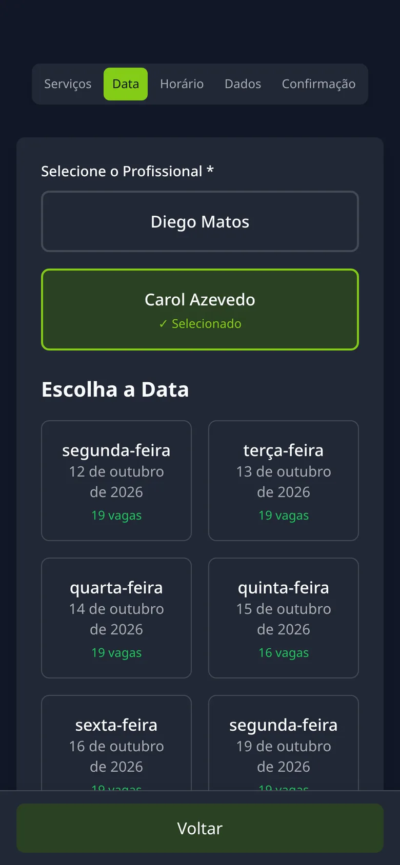 Tela de agendamento: escolha do dia