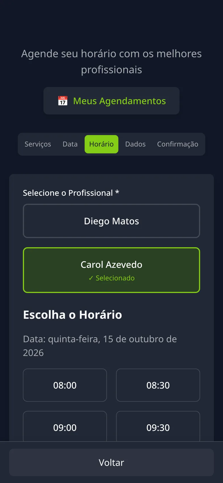 Tela de agendamento: horários livres