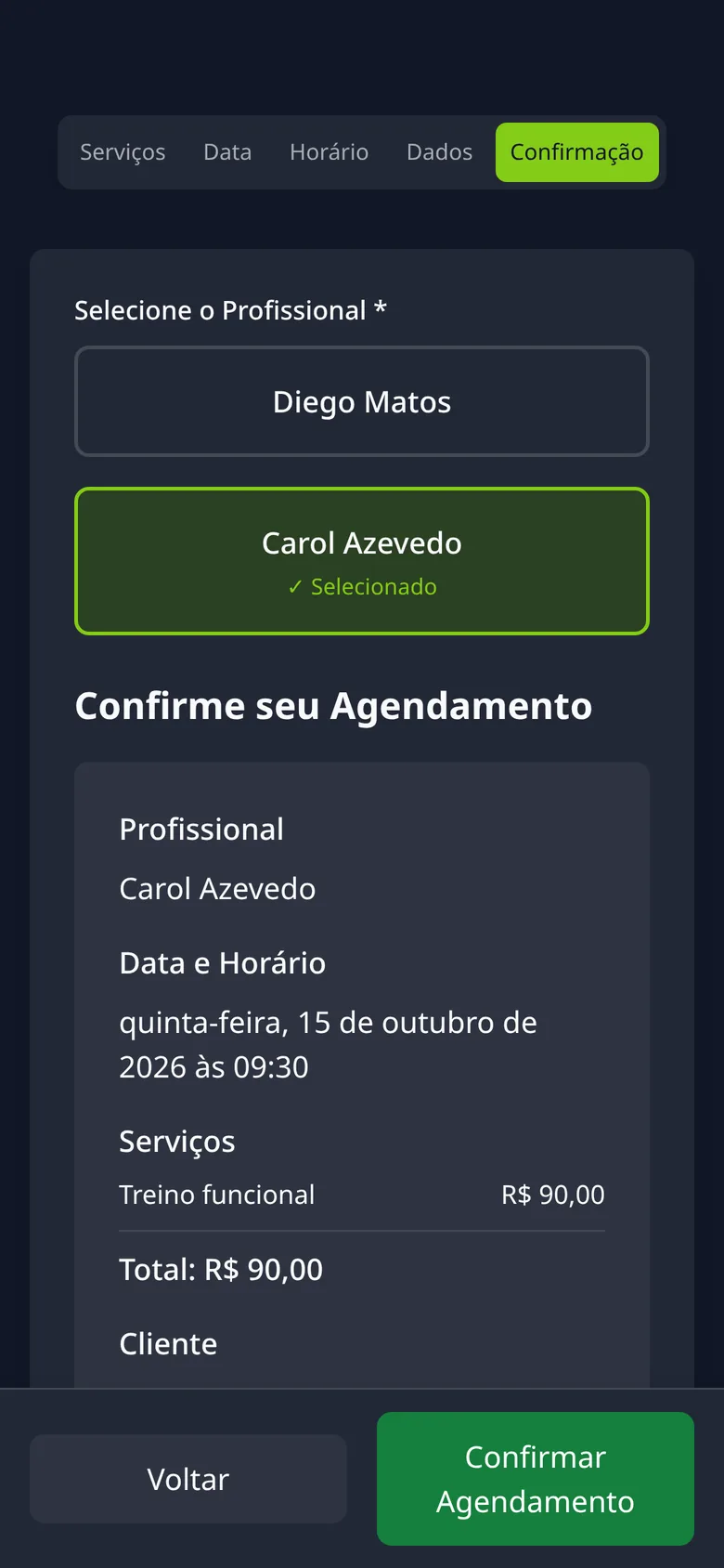 Tela de agendamento: confirmação