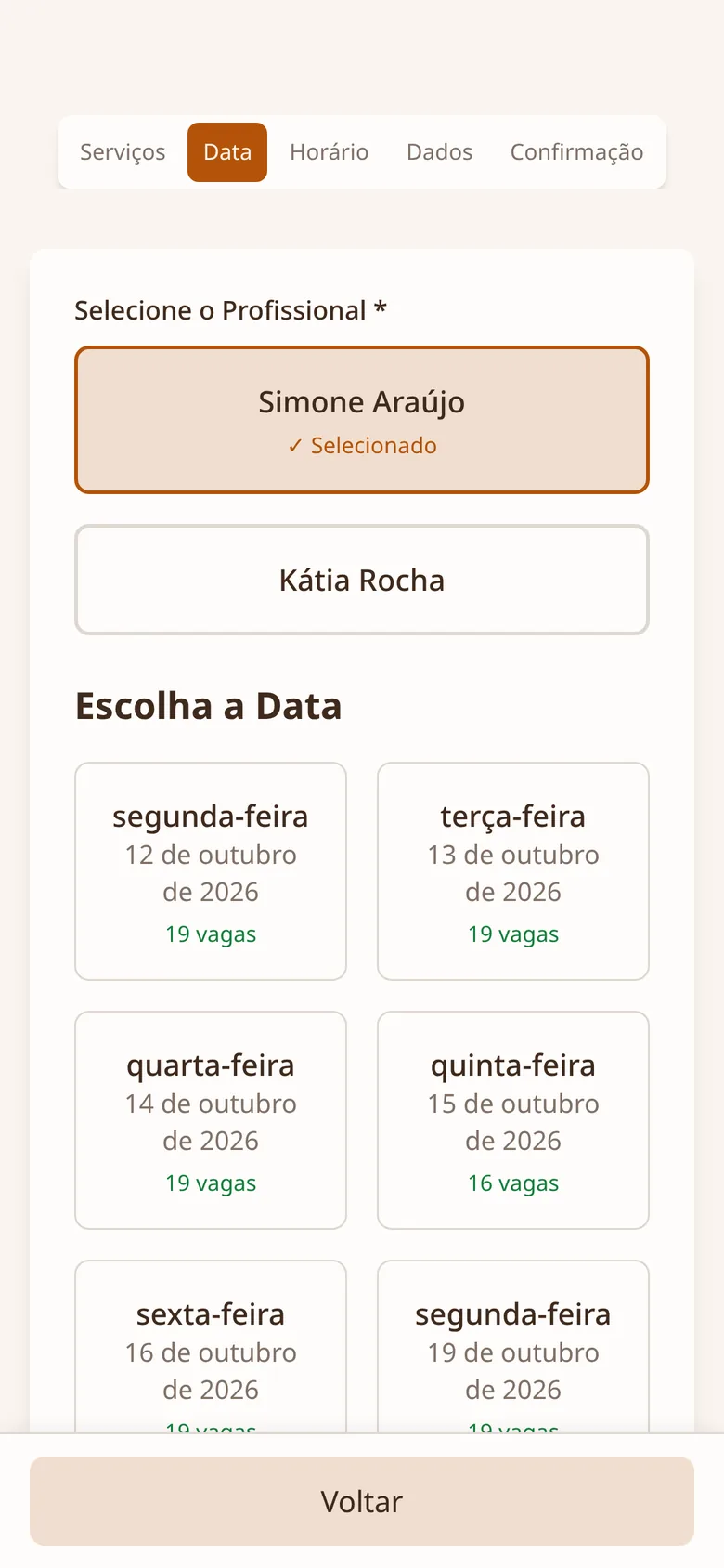 Tela de agendamento: escolha do dia