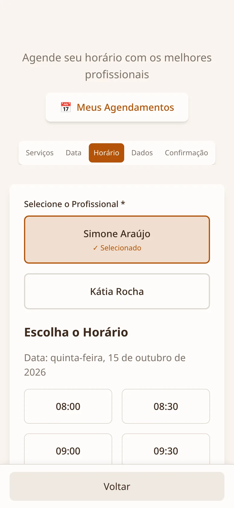 Tela de agendamento: horários livres