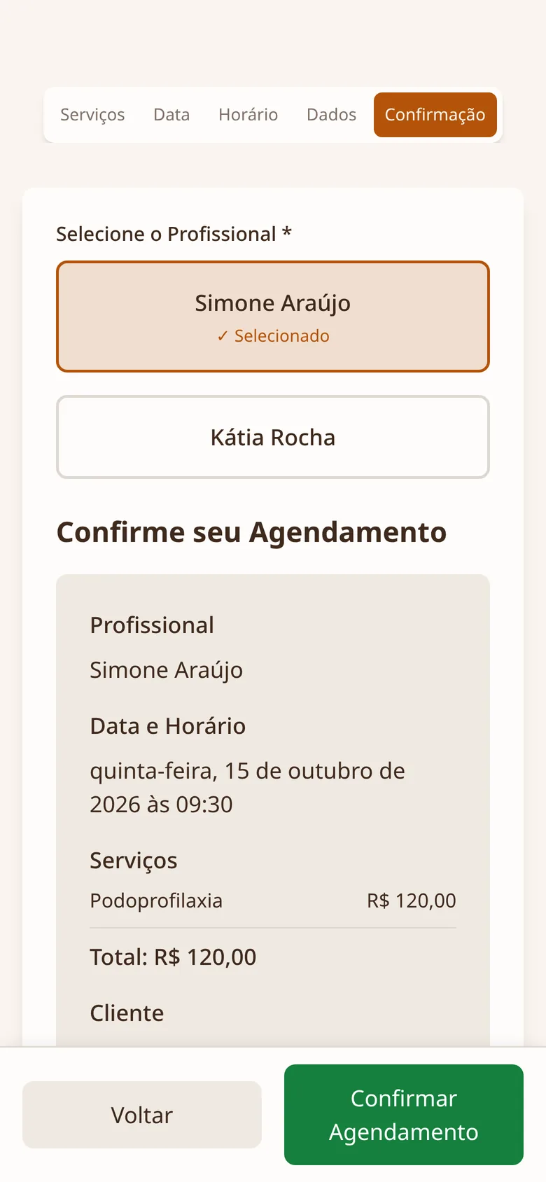 Tela de agendamento: confirmação