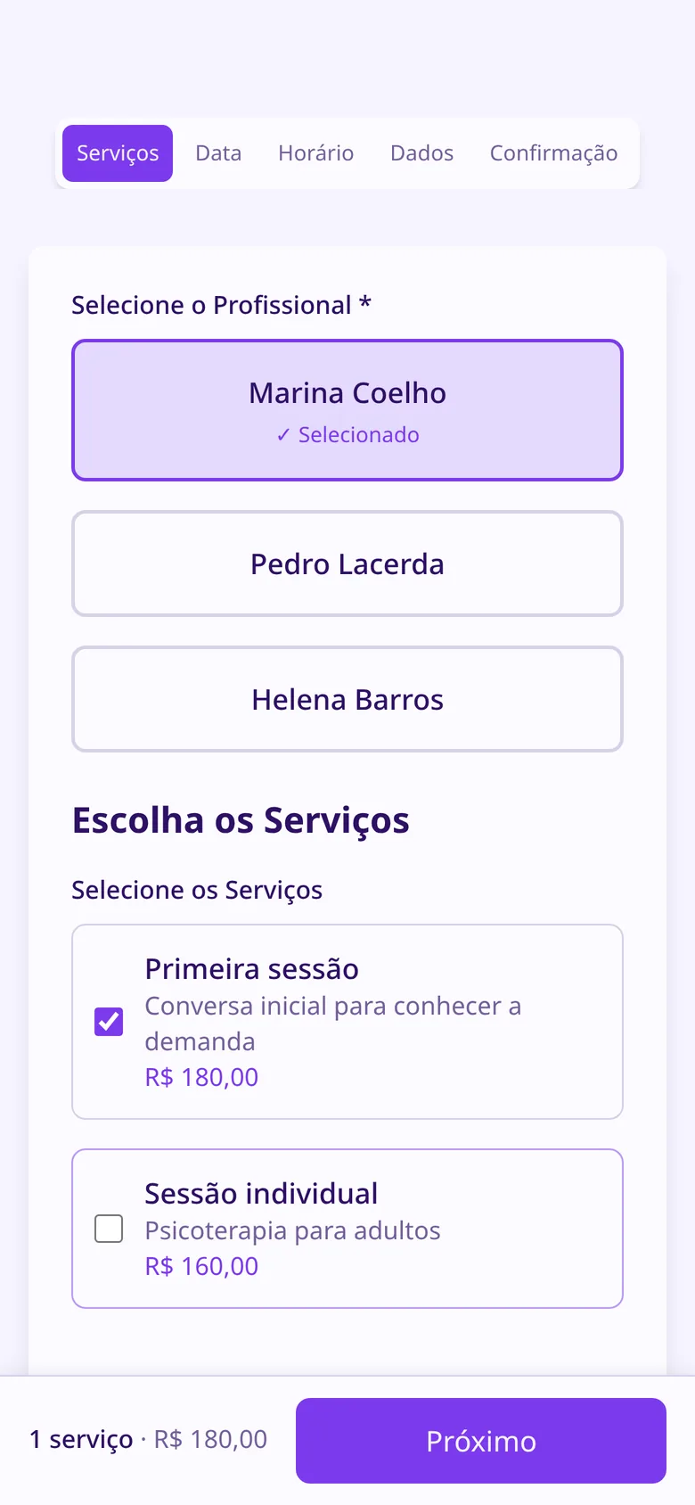 Tela de agendamento: escolha da psicóloga e da sessão