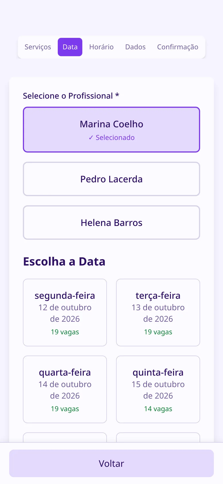 Tela de agendamento: escolha do dia