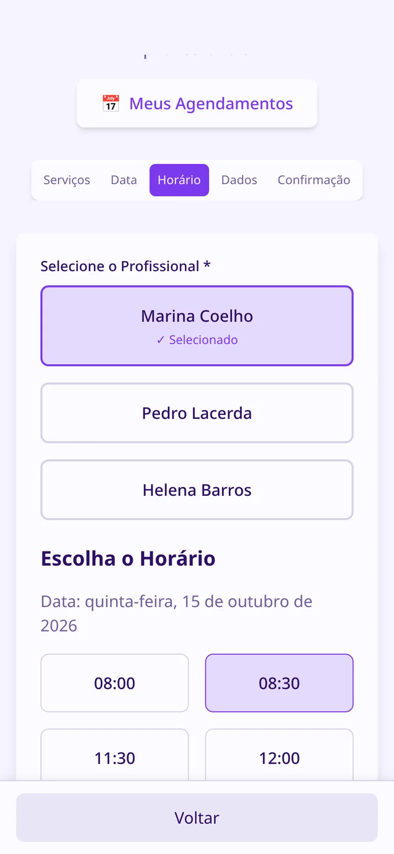 Tela de agendamento: horários livres