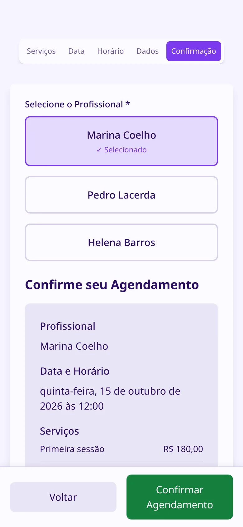 Tela de agendamento: confirmação