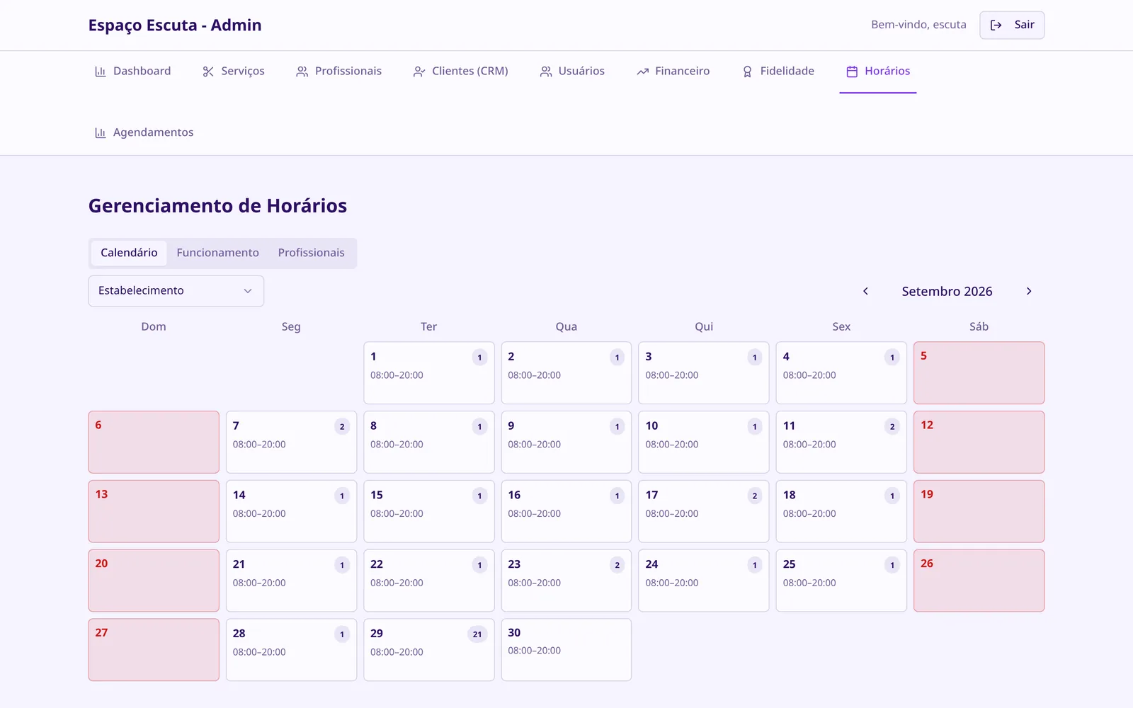 Calendário com horário de funcionamento
